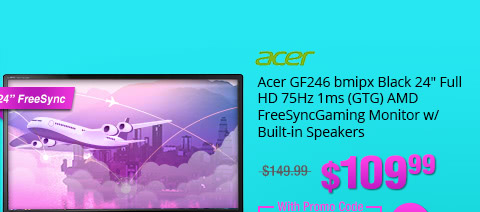 Acer GF246 bmipx Black 24" Full HD Gaming Monitor, 75Hz, 1ms (GTG), AMD FreeSync, Built-in Speakers, HDMI, DisplayPort, Blue Light Filter, Flicker-less