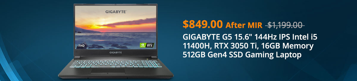 GIGABYTE G5 15.6" 144Hz IPS Intel i5 11400H, RTX 3050 Ti, 16GB Memory 512GB Gen4 SSD Gaming Laptop