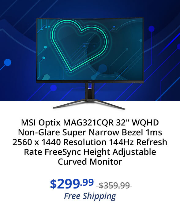 MSI Optix MAG321CQR 32" WQHD Non-Glare Super Narrow Bezel 1ms 2560 x 1440 Resolution 144Hz Refresh Rate FreeSync Height Adjustable Curved Monitor