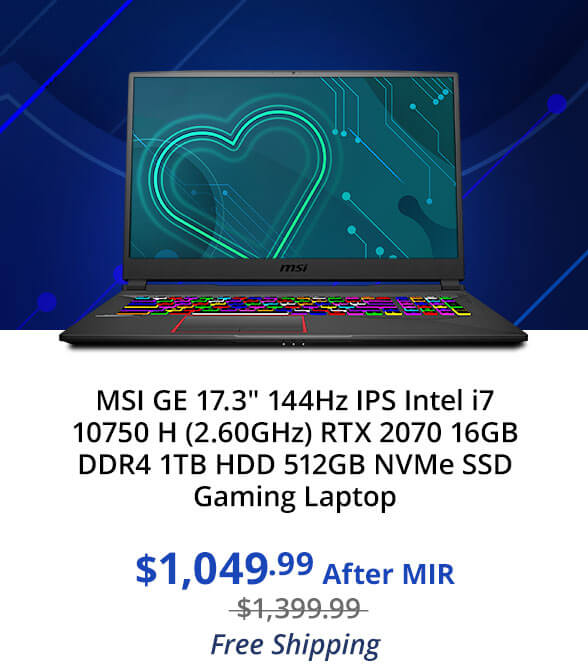 MSI GE 17.3" 144Hz IPS Intel i7 10750 H (2.60GHz) RTX 2070 16GB DDR4 1TB HDD 512GB NVMe SSD Gaming Laptop