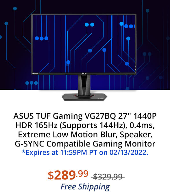 ASUS TUF Gaming VG27BQ 27" 1440P HDR 165Hz (Supports 144Hz), 0.4ms, Extreme Low Motion Blur, Speaker, G-SYNC Compatible Gaming Monitor