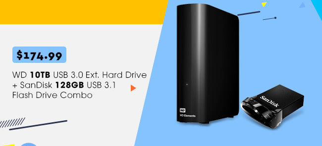 Feature - WD 10TB USB 3.0 Ext. Hard Drive + SanDisk 128GB USB 3.1 Flash Drive Combo