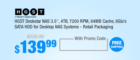 HGST Deskstar NAS 3.5" 4TB 7200 RPM 64MB Cache SATA 6.0Gb/s High-Performance Hard Drive for Desktop NAS Systems Retail Packaging