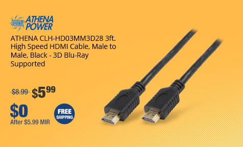 ATHENA CLH-HD03MM3D28 3ft. High Speed HDMI Cable, Male to Male, Black - 3D Blu-Ray Supported