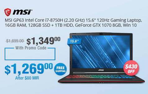 MSI GP63 Intel Core i7-8750H (2.20 GHz) 15.6" 120Hz Gaming Laptop, 16GB RAM, 128GB SSD + 1TB HDD, GeForce GTX 1070 8GB, Win 10