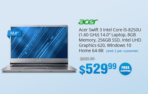 Acer Swift 3 Intel Core i5-8250U (1.60 GHz) 14.0" Laptop, 8GB Memory, 256GB SSD, Intel UHD Graphics 620, Windows 10 Home 64-Bit