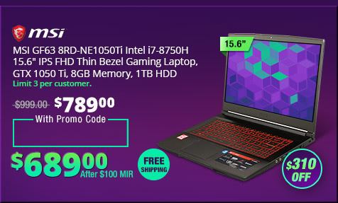 MSI GF63 8RD-NE1050Ti Intel i7-8750H 15.6" IPS FHD Thin Bezel Gaming Laptop, GTX 1050 Ti, 8GB Memory, 1TB HDD