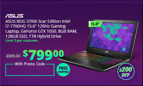 ASUS ROG STRIX Scar Edition Intel i7-7700HQ 15.6” 120Hz Gaming Laptop, GeForce GTX 1050, 8GB RAM, 128GB SSD, 1TB Hybrid Drive