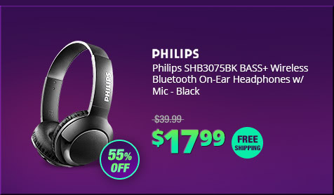 Philips SHB3075BK BASS+ Wireless Bluetooth On-Ear Headphones w/ Mic - Black