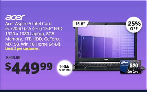 Acer Aspire 5 Intel Core i5-7200U (2.5 GHz) 15.6" FHD 1920 x 1080 Laptop, 8GB Memory, 1TB HDD, GeForce MX150, Win 10 Home 64-Bit