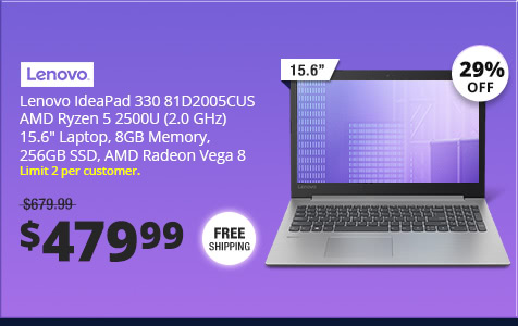 Lenovo IdeaPad 330 81D2005CUS AMD Ryzen 5 2500U (2.0 GHz) 15.6" Laptop, 8GB Memory, 256GB SSD, AMD Radeon Vega 8