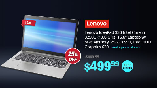 Lenovo IdeaPad 330 Intel Core i5 8250U (1.60 GHz) 15.6" Laptop w/ 8GB Memory, 256GB SSD, Intel UHD Graphics 620