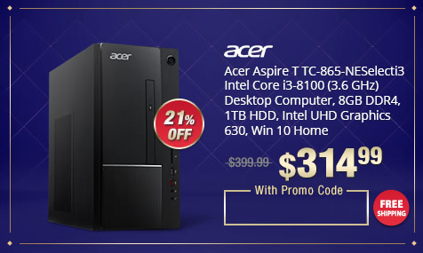 Acer Aspire T TC-865-NESelecti3 Intel Core i3-8100 (3.6 GHz) Desktop Computer, 8GB DDR4, 1TB HDD, Intel UHD Graphics 630, Win 10 Home
