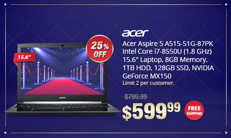 Acer Aspire 5 A515-51G-87PK Intel Core i7-8550U (1.8 GHz) 15.6" Laptop, 8GB Memory, 1TB HDD, 128GB SSD, NVIDIA GeForce MX150