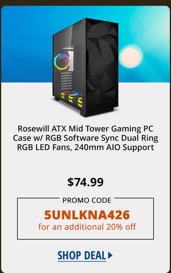 Rosewill ATX Mid Tower Gaming PC Case w/ RGB Software Sync Dual Ring RGB LED Fans, 240mm AIO Support