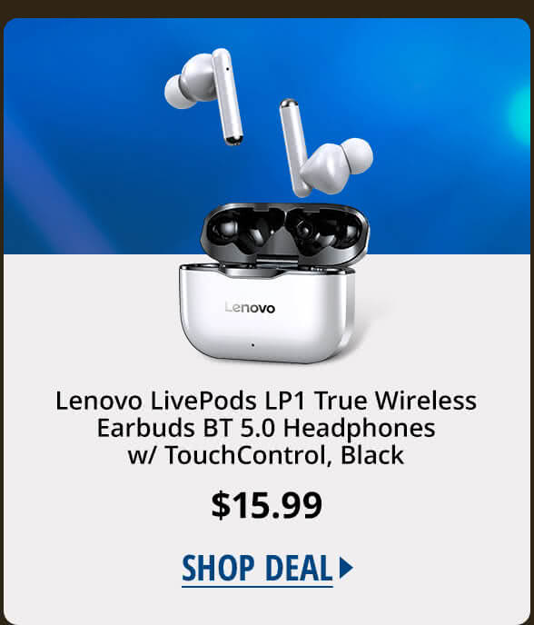 Lenovo LivePods LP1 True Wireless Earbuds BT 5.0 Headphones w/ Touch Control, Black