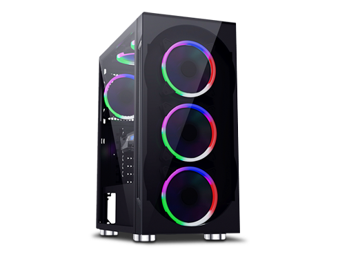 ESGAMING  ATX Mid Tower Computer Case / Gaming Case/ Black tempered glass front ,Left panel with sliding Tempered Glass /can detachable HDD Bracket   Pre-installed 4  120mmRainbow fans(Front 3,Rear 1)
