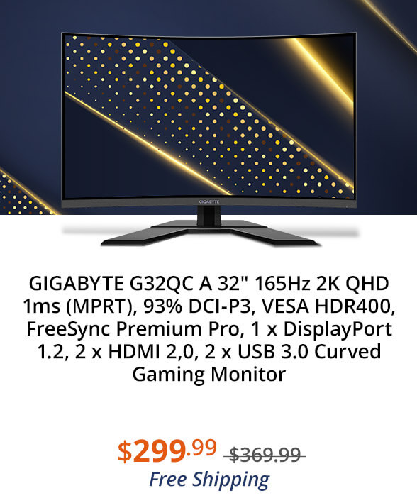 GIGABYTE G32QC A 32" 165Hz 2K QHD 1ms (MPRT), 93% DCI-P3, VESA HDR400, FreeSync Premium Pro, 1 x DisplayPort 1.2, 2 x HDMI 2,0, 2 x USB 3.0 Curved Gaming Monitor