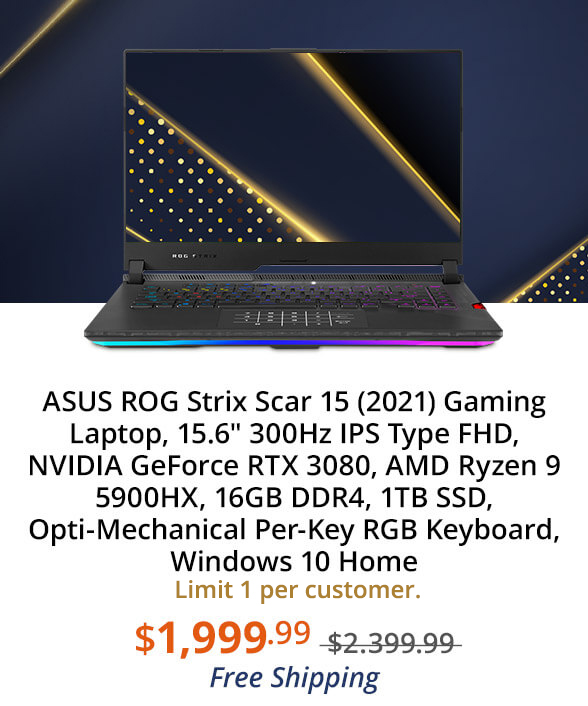 ASUS ROG Strix Scar 15 (2021) Gaming Laptop, 15.6" 300Hz IPS Type FHD, NVIDIA GeForce RTX 3080, AMD Ryzen 9 5900HX, 16GB DDR4, 1TB SSD, Opti-Mechanical Per-Key RGB Keyboard, Windows 10 Home