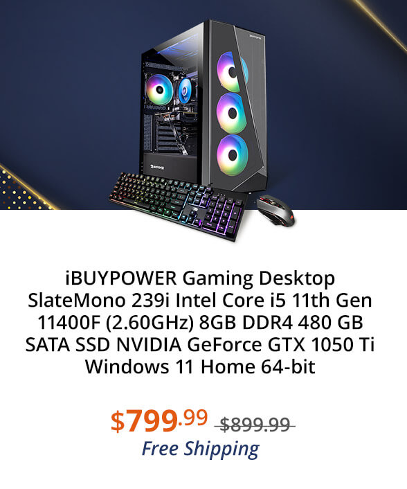 iBUYPOWER Gaming Desktop SlateMono 239i Intel Core i5 11th Gen 11400F (2.60GHz) 8GB DDR4 480 GB SATA SSD NVIDIA GeForce GTX 1050 Ti Windows 11 Home 64-bit