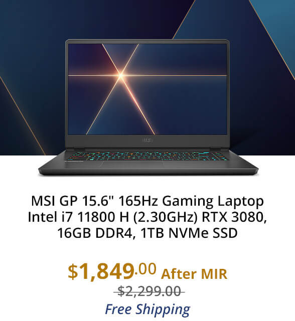 MSI GP 15.6" 165Hz Gaming Laptop Intel i7 11800 H (2.30GHz) RTX 3080, 16GB DDR4, 1TB NVMe SSD