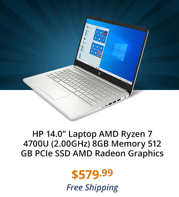 HP 14.0” Laptop AMD Ryzen 7 4700U (2.00GHz) 8GB Memory 512 GB PCIe SSD AMD Radeon Graphics