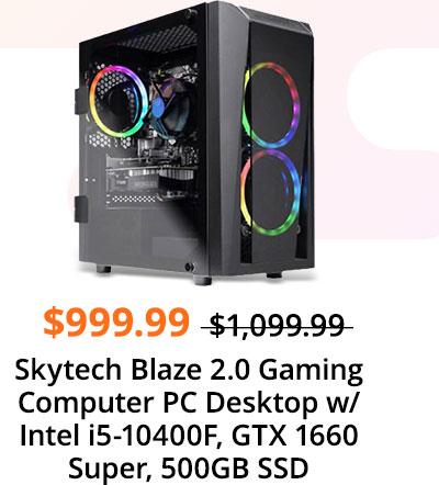 Skytech Blaze 2.0 Gaming Computer PC Desktop - Intel i5-10400F, GTX 1660 Super, 500GB SSD, 16GB DDR4 3200, RGB Fans, AC WiFi, Windows 10 Home 64-Bit, Black