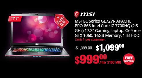 MSI GE Series GE72VR APACHE PRO-865 Intel Core i7-7700HQ (2.8 GHz) 17.3" Gaming Laptop, GeForce GTX 1060, 16GB Memory, 1TB HDD