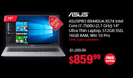 ASUSPRO B9440UA-XS74 Intel Core i7-7500U (2.7 GHz) 14" Ultra Thin Laptop, 512GB SSD, 16GB RAM, Win 10 Pro