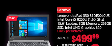 Lenovo IdeaPad 330 81DE00L0US Intel Core i5-8250U (1.60 GHz) 15.6" Laptop, 8GB Memory, 256GB SSD, Intel UHD Graphics 620