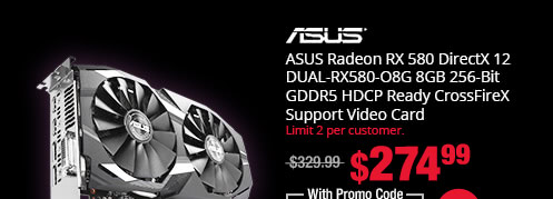ASUS Radeon RX 580 DirectX 12 DUAL-RX580-O8G 8GB 256-Bit GDDR5 HDCP Ready CrossFireX Support Video Card