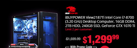 iBUYPOWER View2187Ti Intel Core i7-8700 (3.20 GHz) Desktop Computer, 16GB DDR4, 2TB HDD, 240GB SSD, GeForce GTX 1070 Ti