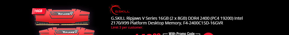 G.SKILL Ripjaws V Series 16GB (2 x 8GB) DDR4 2400 (PC4 19200) Intel Z170/X99 Platform Desktop Memory, F4-2400C15D-16GVR
