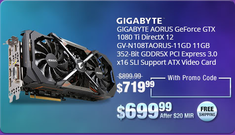 GIGABYTE AORUS GeForce GTX 1080 Ti DirectX 12 GV-N108TAORUS-11GD 11GB 352-Bit GDDR5X PCI Express 3.0 x16 SLI Support ATX Video Card