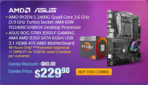 Combo: AMD RYZEN 5 2400G Quad-Core 3.6 GHz (3.9 GHz Turbo) Socket AM4 65W YD2400C5FBBOX Desktop Processor. ASUS ROG STRIX B350-F GAMING AM4 AMD B350 SATA 6Gb/s USB 3.1 HDMI ATX AMD Motherboard.