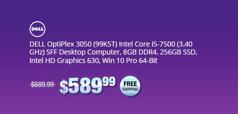 DELL OptiPlex 3050 (99K5T) Intel Core i5-7500 (3.40 GHz) Desktop Computer, 8GB DDR4, 256GB SSD, Intel HD Graphics 630, Win 10 Pro 64-Bit