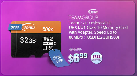 Team 32GB microSDHC UHS-I/U1 Class 10 Memory Card with Adapter, Speed Up to 80MB/s (TUSDH32GUHS03)