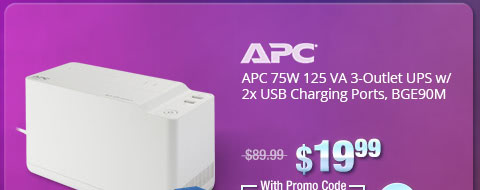 APC 75W 125 VA 3-Outlet UPS w/ 2x USB Charging Ports, BGE90M