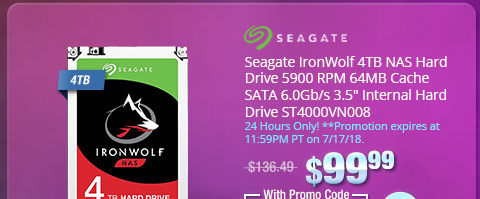 Seagate IronWolf 4TB NAS Hard Drive 5900 RPM 64MB Cache SATA 6.0Gb/s 3.5" Internal Hard Drive ST4000VN008