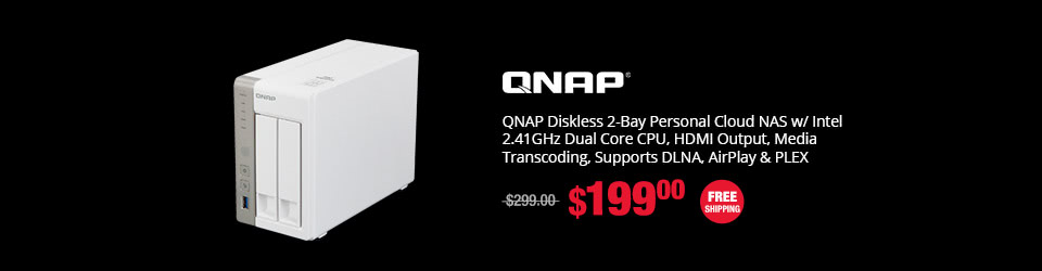 QNAP Diskless 2-Bay Personal Cloud NAS w/ Intel 2.41GHz Dual Core CPU, HDMI Output, Media Transcoding, Supports DLNA, AirPlay & PLEX