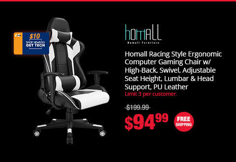Homall Racing Style Ergonomic Computer Gaming Chair w/ High-Back, Swivel, Adjustable Seat Height, Lumbar & Head Support, PU Leather