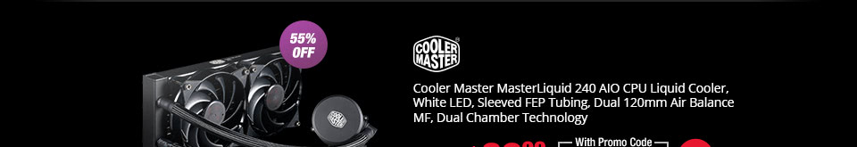 Cooler Master MasterLiquid 240 AIO CPU Liquid Cooler, White LED, Sleeved FEP Tubing, Dual 120mm Air Balance MF, Dual Chamber Technology