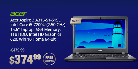 Acer Aspire 3 A315-51-51SL Intel Core i5-7200U (2.50 GHz) 15.6" Laptop, 6GB Memory, 1TB HDD, Intel HD Graphics 620, Win 10 Home 64-Bit