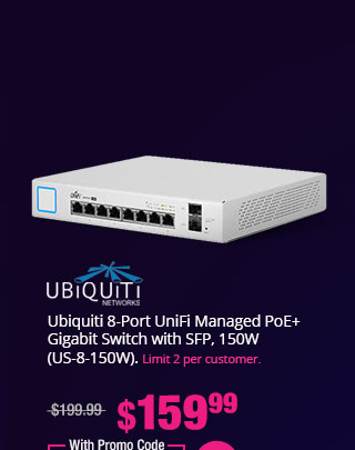 Ubiquiti 8-Port UniFi Managed PoE+ Gigabit Switch with SFP, 150W (US-8-150W)