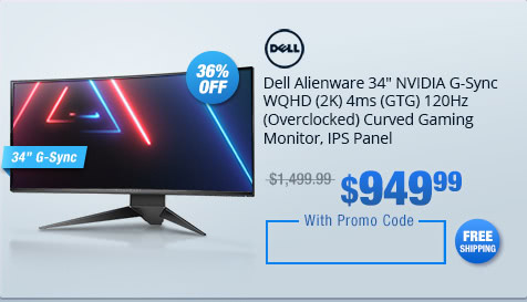 Dell Alienware 34" NVIDIA G-Sync WQHD (2K) 4ms (GTG) 120Hz (Overclocked) Curved Gaming Monitor, IPS Panel