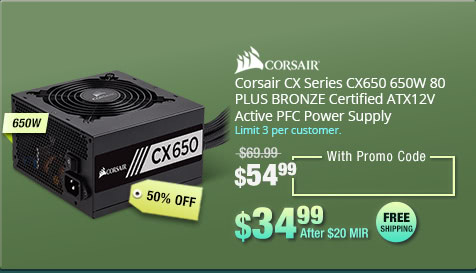 Corsair CX Series CX650 650W 80 PLUS BRONZE Certified ATX12V Active PFC Power Supply