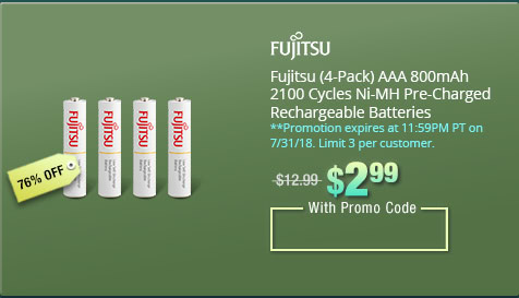 Fujitsu (4-Pack) AAA 800mAh 2100 Cycles Ni-MH Pre-Charged Rechargeable Batteries
