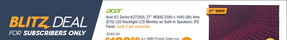Acer K2 Series K272HUL 27" WQHD 2560 x 1440 (2K) 4ms (GTG) LED Backlight LCD Monitor w/ Built-in Speakers, IPS Panel