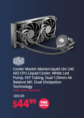 Cooler Master MasterLiquid Lite 240 AIO CPU Liquid Cooler, White Led Pump, FEP Tubing, Dual 120mm Air Balance MF, Dual Dissipation Technology