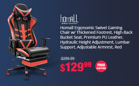 Homall Ergonomic Swivel Gaming Chair w/ Thickened Footrest, High-Back Bucket Seat, Premium PU Leather, Hydraulic Height Adjustment, Lumbar Support, Adjustable Armrest, Red